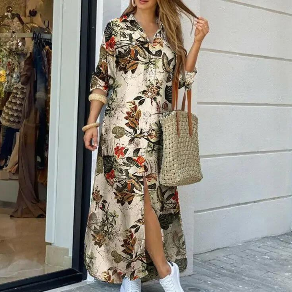 Women's Shirt Dress - Maxi Length - Button Closure - Camouflage Print - Casual Look