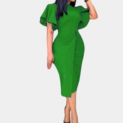 Women's Dress - Bodycon Fit - Short Ruffle Sleeves - Elegant Draped Detail