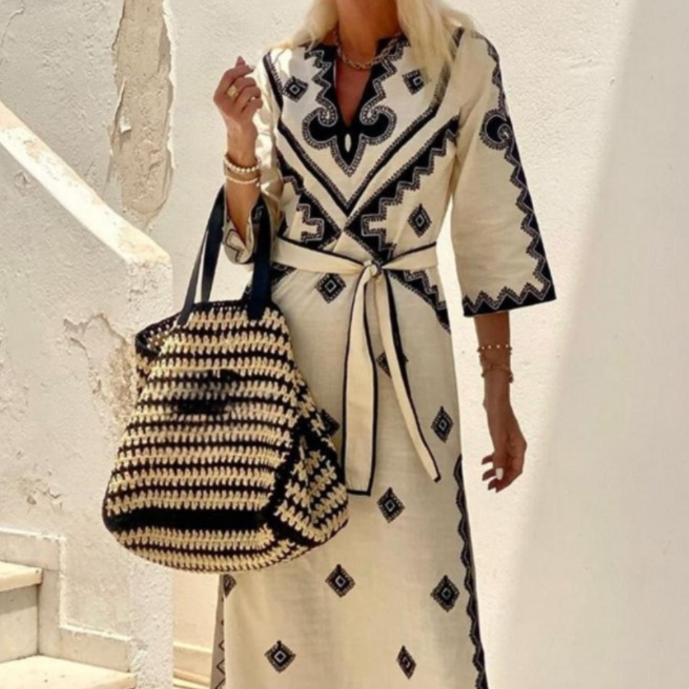 Women's Maxi Dress - Embroidered Pattern - 3/4 Sleeves - V-Neck - Tie Belt - Loose Fit