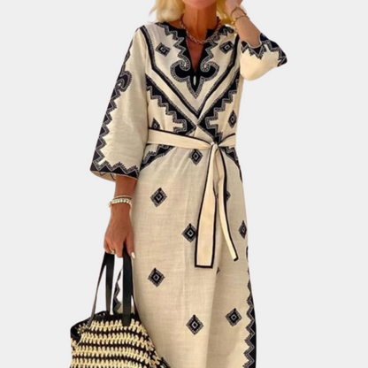 Women's Maxi Dress - Embroidered Pattern - 3/4 Sleeves - V-Neck - Tie Belt - Loose Fit