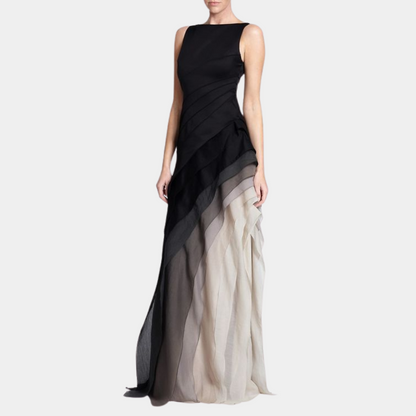Women's Evening Dress - Sleeveless - Boat Neckline - Floor Length - Asymmetrical Draping