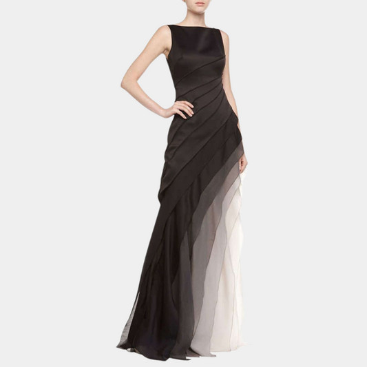 Women's Evening Dress - Sleeveless - Boat Neckline - Floor Length - Asymmetrical Draping