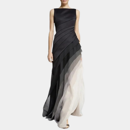 Women's Evening Dress - Sleeveless - Boat Neckline - Floor Length - Asymmetrical Draping