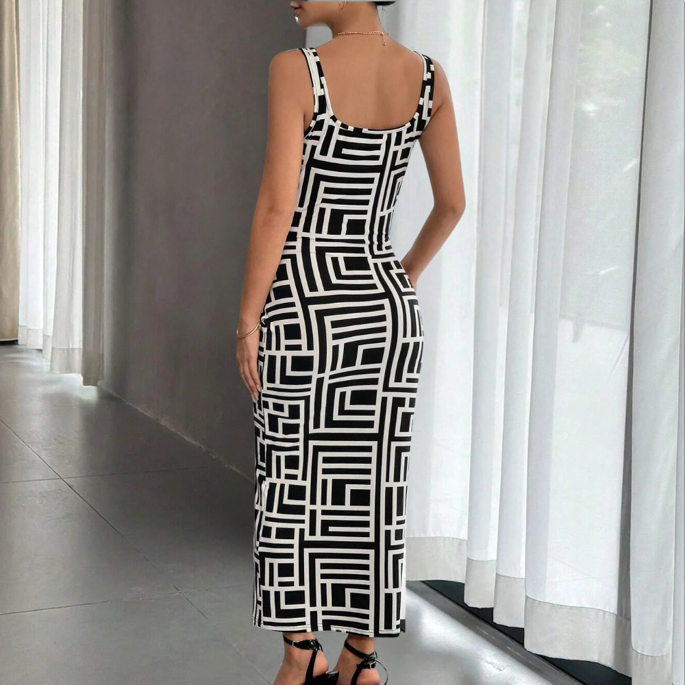 Women's Bodycon Dress - Midi Length - Geometric Pattern - Sleeveless with Square Neck