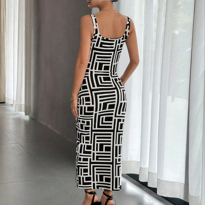 Women's Bodycon Dress - Midi Length - Geometric Pattern - Sleeveless with Square Neck