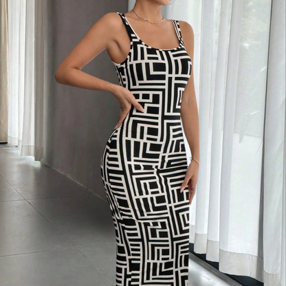 Women's Bodycon Dress - Midi Length - Geometric Pattern - Sleeveless with Square Neck