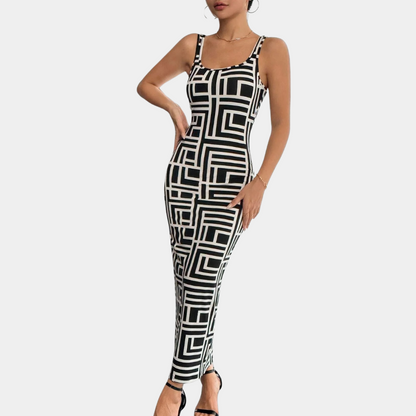 Women's Bodycon Dress - Midi Length - Geometric Pattern - Sleeveless with Square Neck