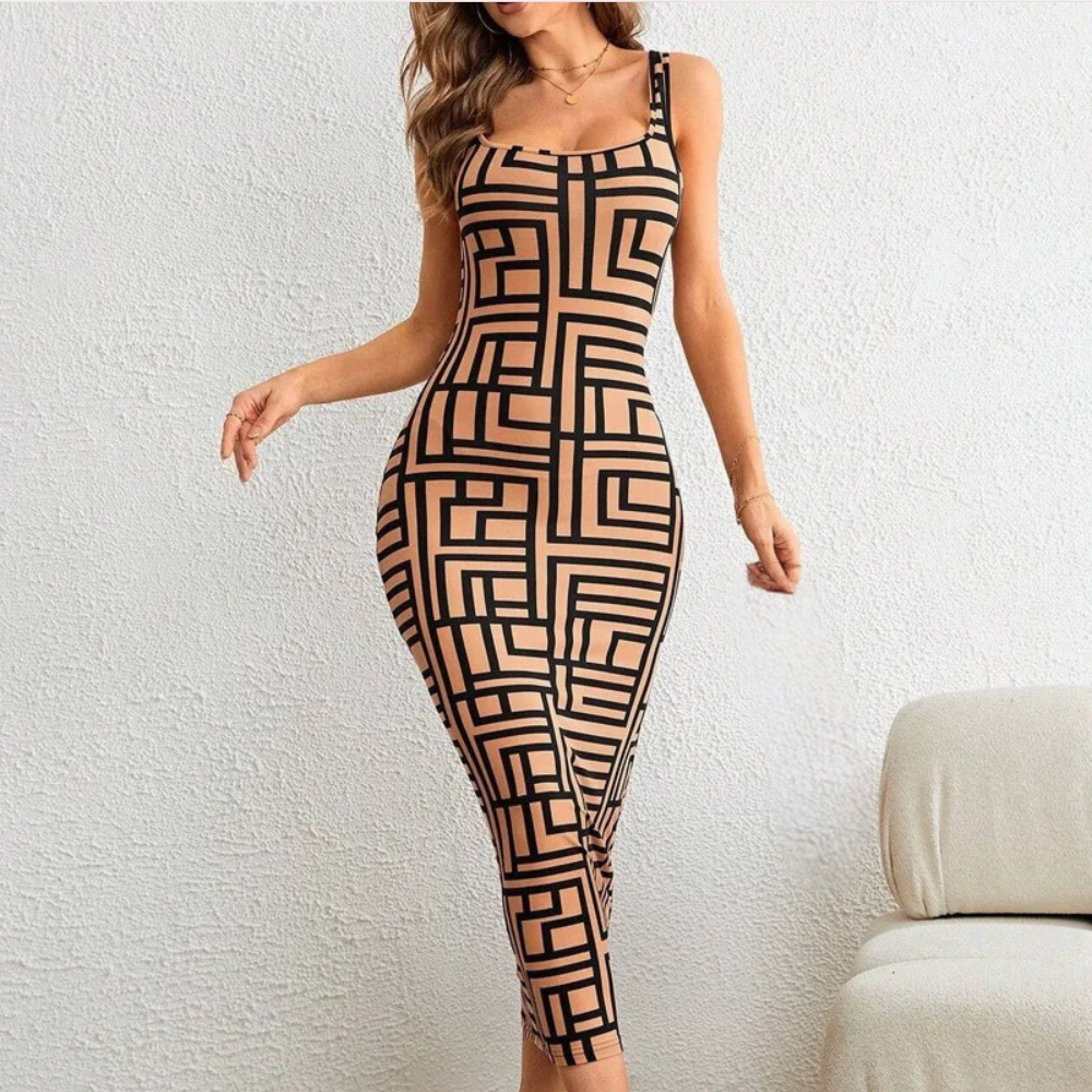 Women's Bodycon Dress - Midi Length - Geometric Pattern - Sleeveless with Square Neck