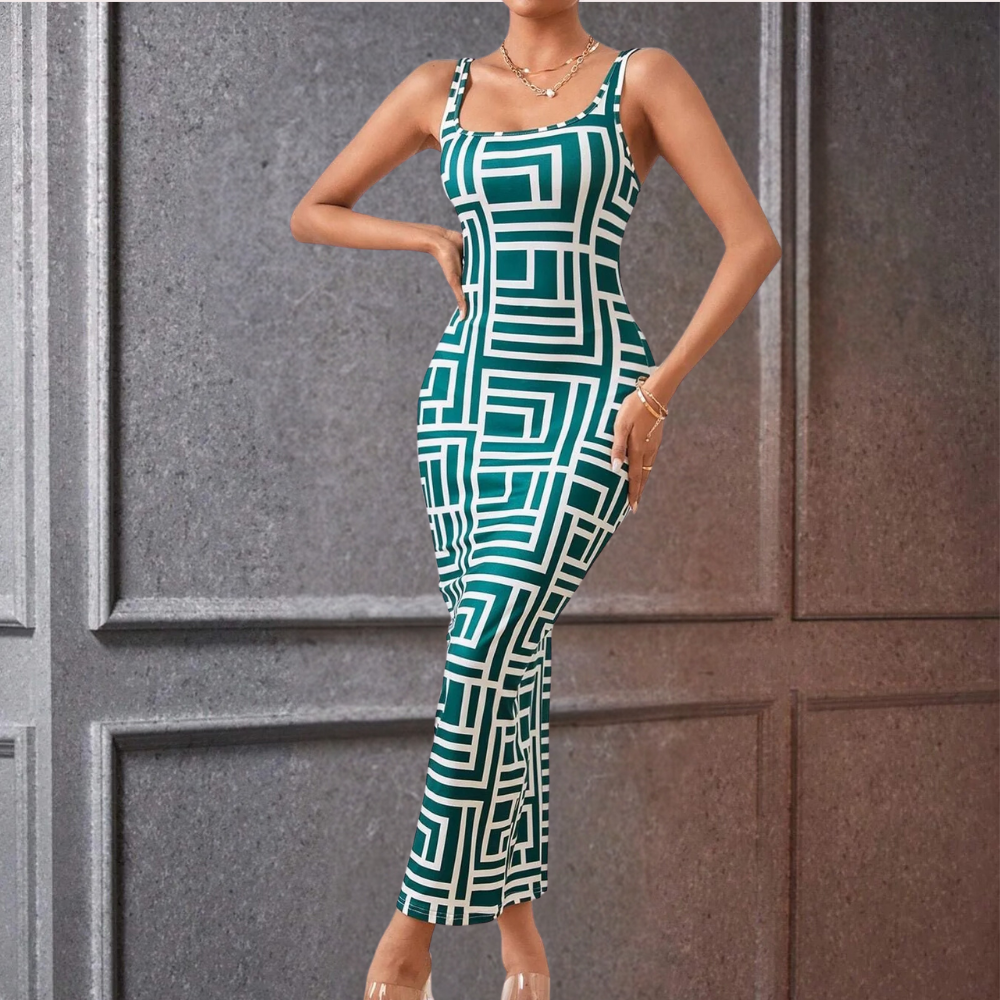 Women's Bodycon Dress - Midi Length - Geometric Pattern - Sleeveless with Square Neck