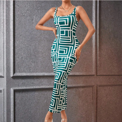 Women's Bodycon Dress - Midi Length - Geometric Pattern - Sleeveless with Square Neck