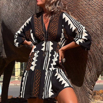 Women's Dress - A-line Fit - V-neck - 3/4 Sleeves - Geometric Pattern - Casual Look