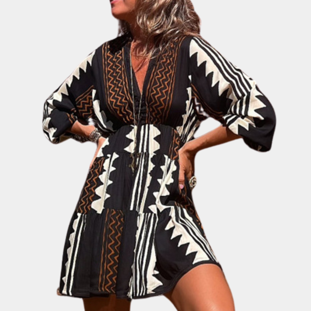 Women's Dress - A-line Fit - V-neck - 3/4 Sleeves - Geometric Pattern - Casual Look