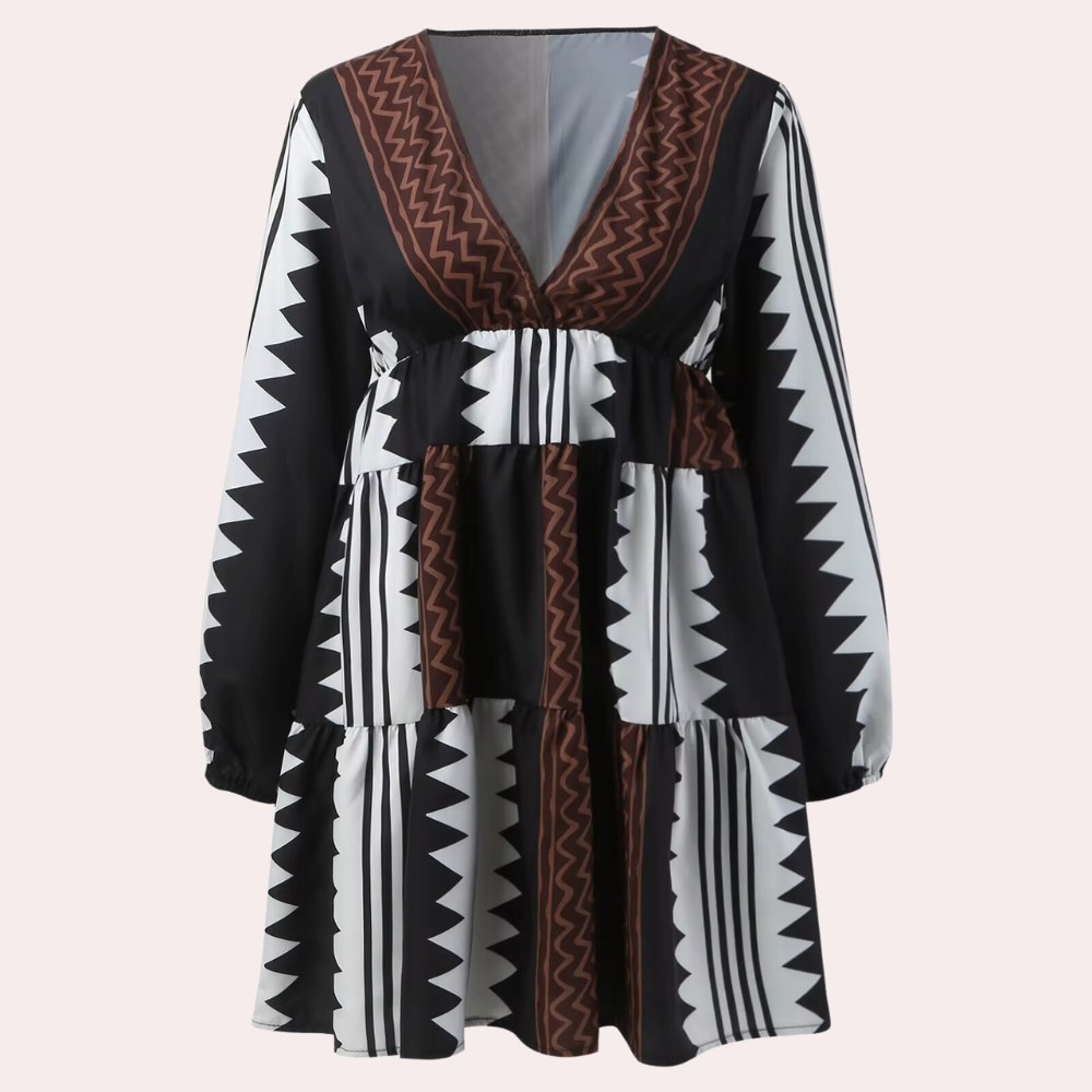 Women's Dress - A-line Fit - V-neck - 3/4 Sleeves - Geometric Pattern - Casual Look