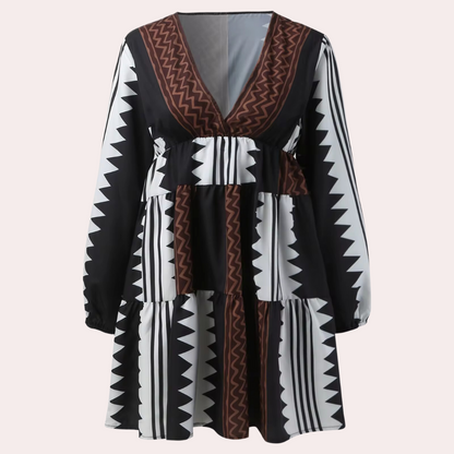 Women's Dress - A-line Fit - V-neck - 3/4 Sleeves - Geometric Pattern - Casual Look