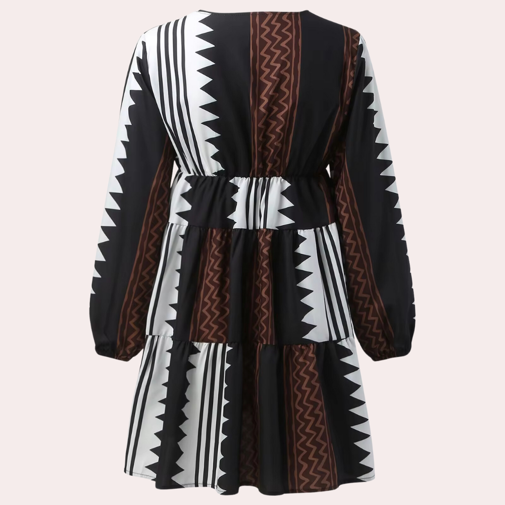 Women's Dress - A-line Fit - V-neck - 3/4 Sleeves - Geometric Pattern - Casual Look