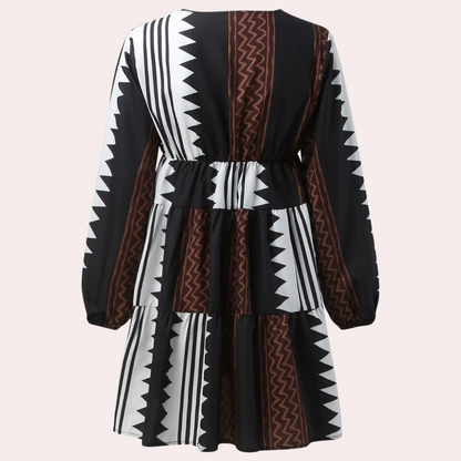 Women's Dress - A-line Fit - V-neck - 3/4 Sleeves - Geometric Pattern - Casual Look