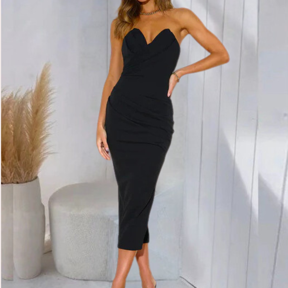 Strapless Midi Dress - Fitted - Sweetheart Neckline - Elegant Party Dress