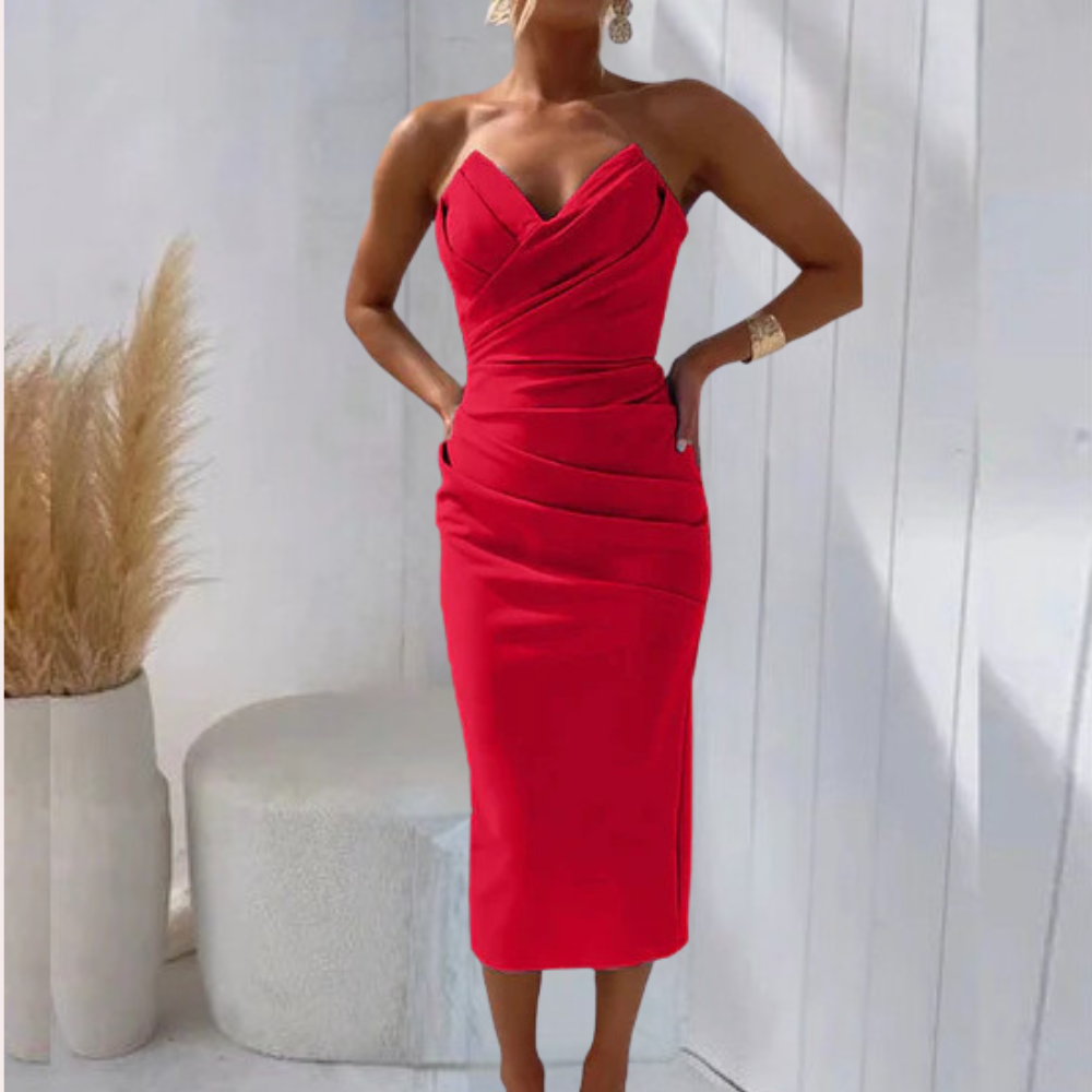 Strapless Midi Dress - Fitted - Sweetheart Neckline - Elegant Party Dress