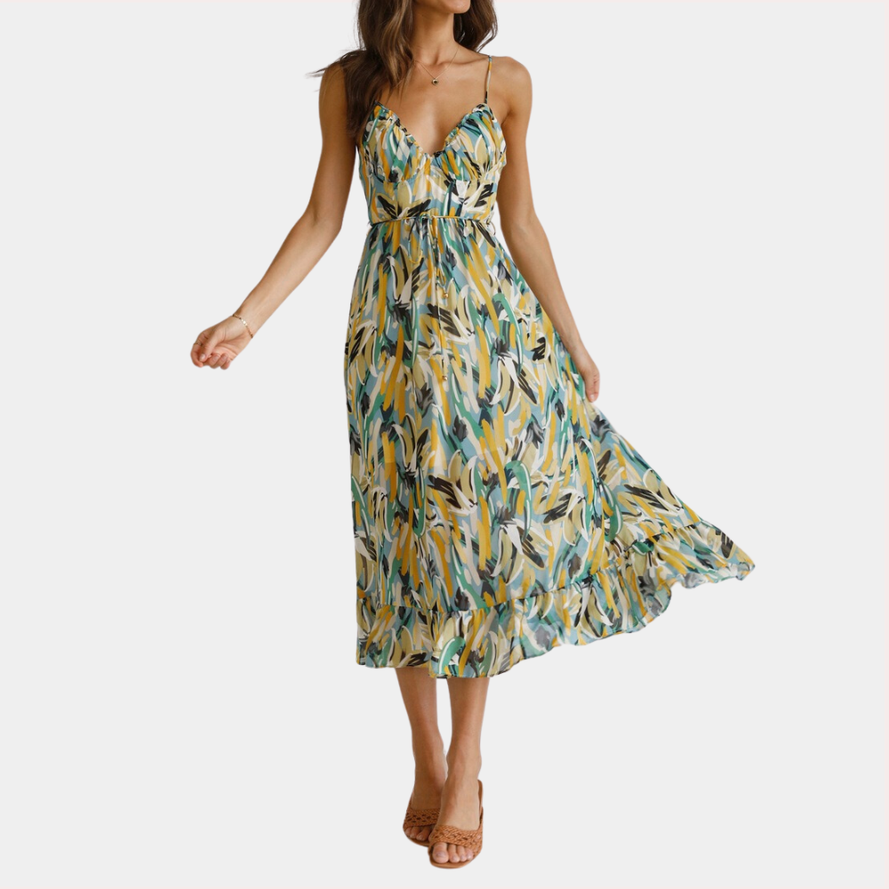 Women's Midi Dress - Abstract Print - Spaghetti Straps - Flowy Fit - Elegant Look