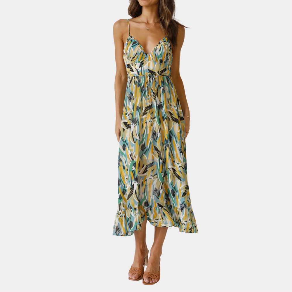 Women's Midi Dress - Abstract Print - Spaghetti Straps - Flowy Fit - Elegant Look