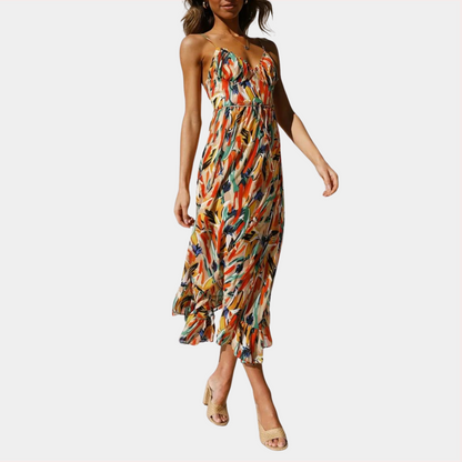 Women's Midi Dress - Abstract Print - Spaghetti Straps - Flowy Fit - Elegant Look