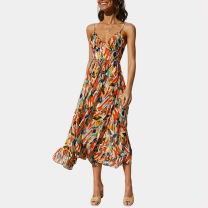 Women's Midi Dress - Abstract Print - Spaghetti Straps - Flowy Fit - Elegant Look