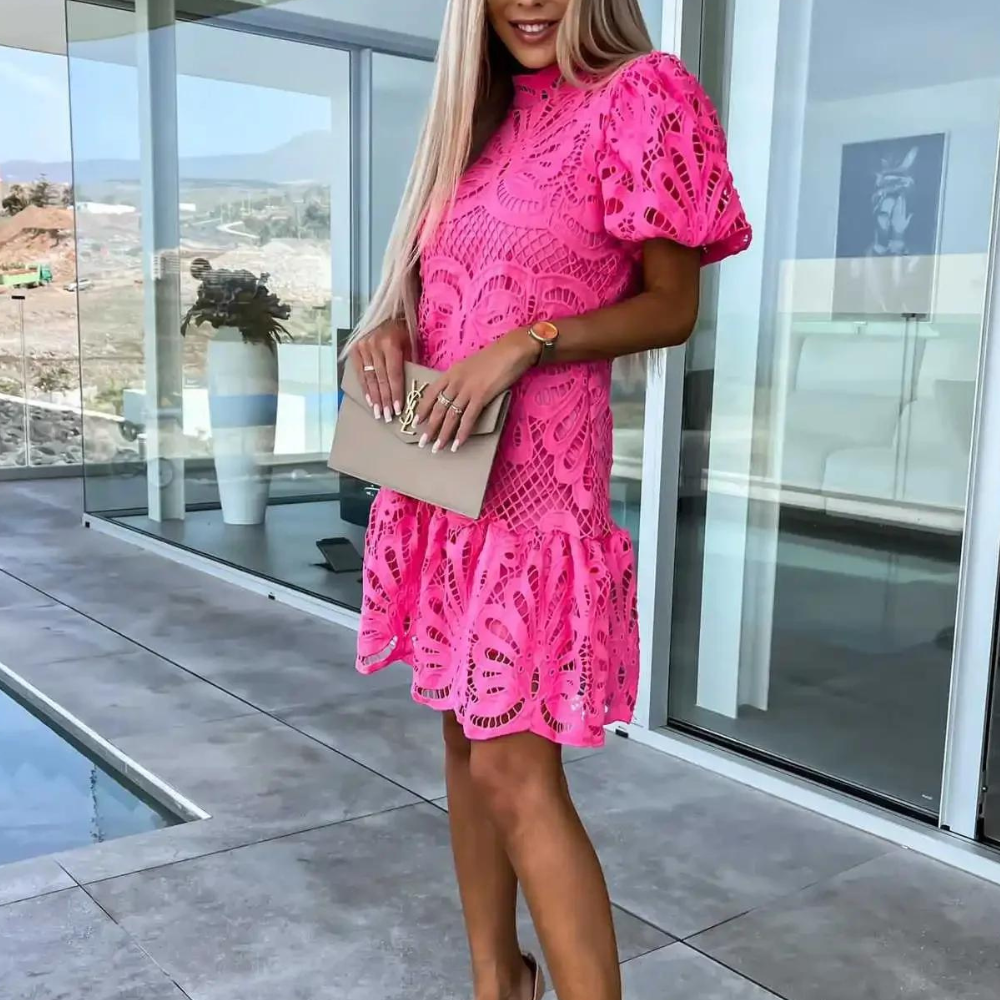 Women's Lace Dress - Short Sleeves - Hollow Pattern - Elegant and Light Design