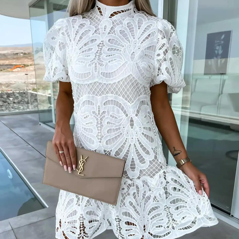 Women's Lace Dress - Short Sleeves - Hollow Pattern - Elegant and Light Design