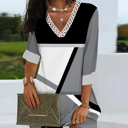 Women's Dress - V-Neck Lace Details - 3/4 Sleeves - Elegant Geometric Pattern