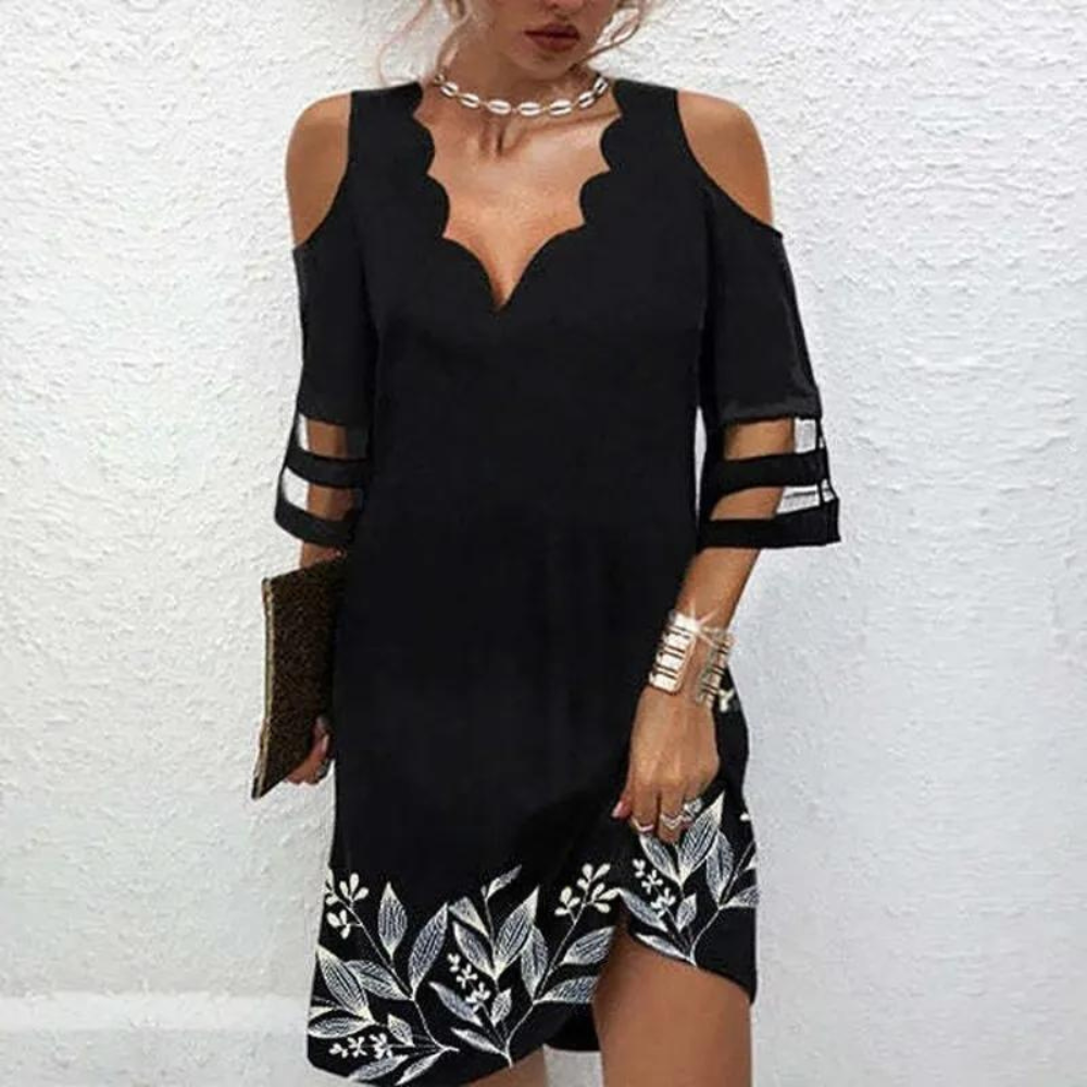 Women's Dress - Cold Shoulder - Elbow-Length Sleeves - Leaf Embroidery - Light and Flowing