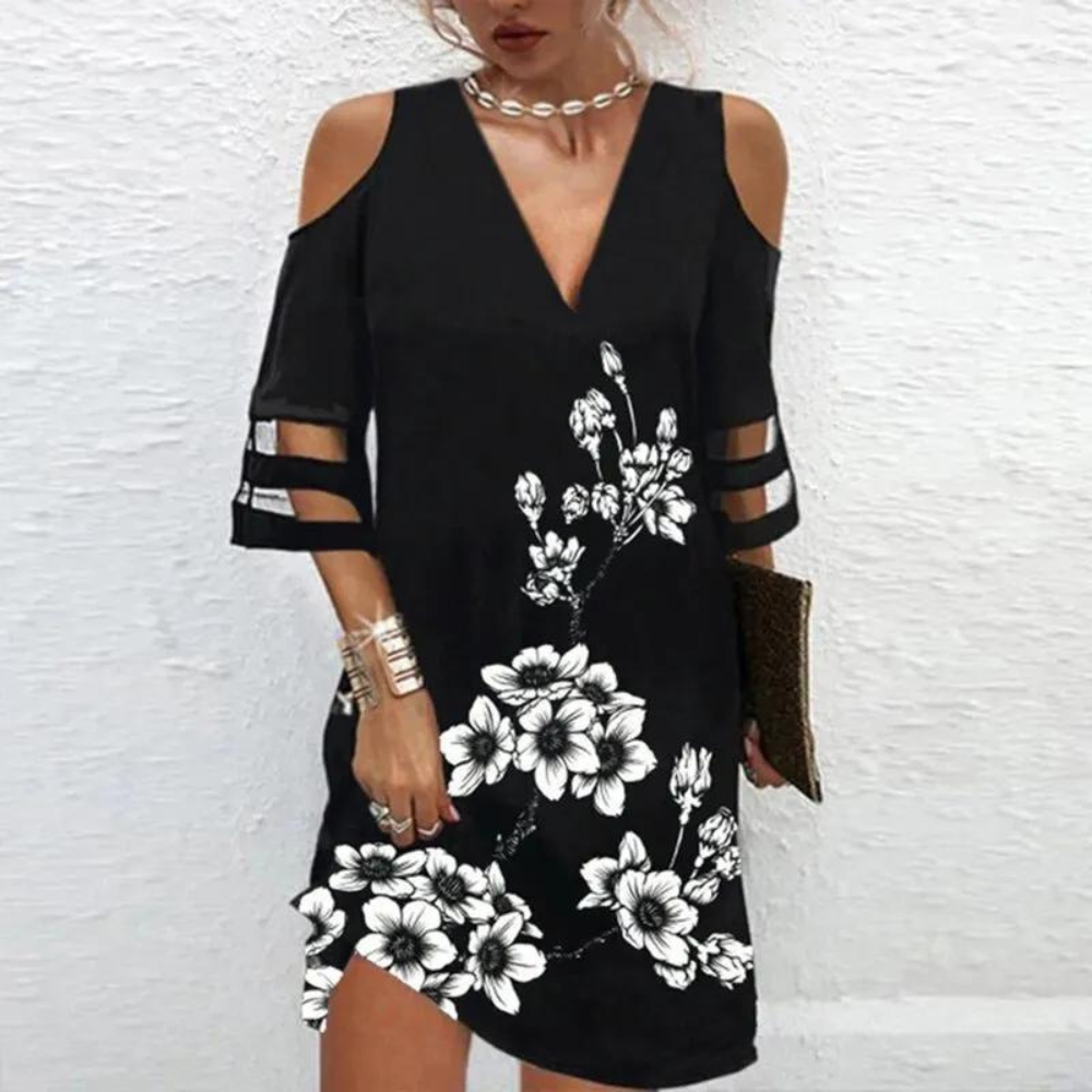 Women's Dress - Cold Shoulder - Elbow-Length Sleeves - Leaf Embroidery - Light and Flowing