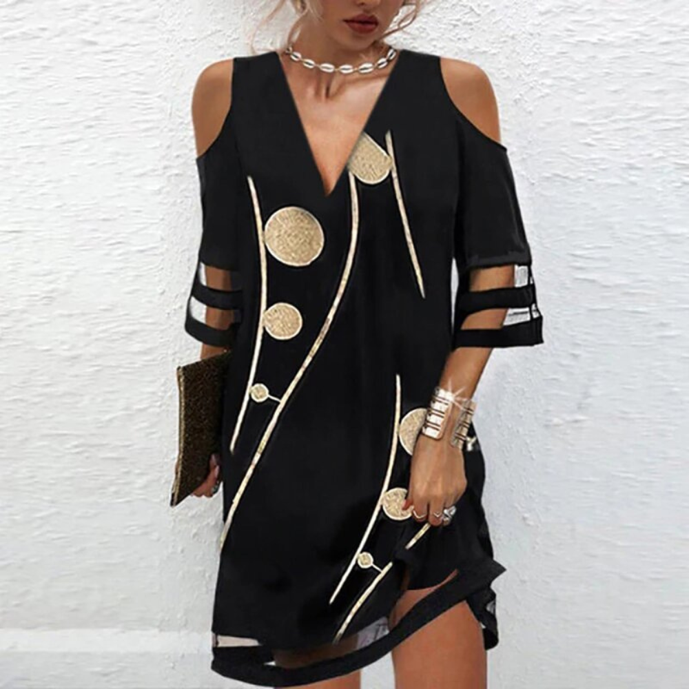 Women's Dress - Cold Shoulder - Elbow-Length Sleeves - Leaf Embroidery - Light and Flowing