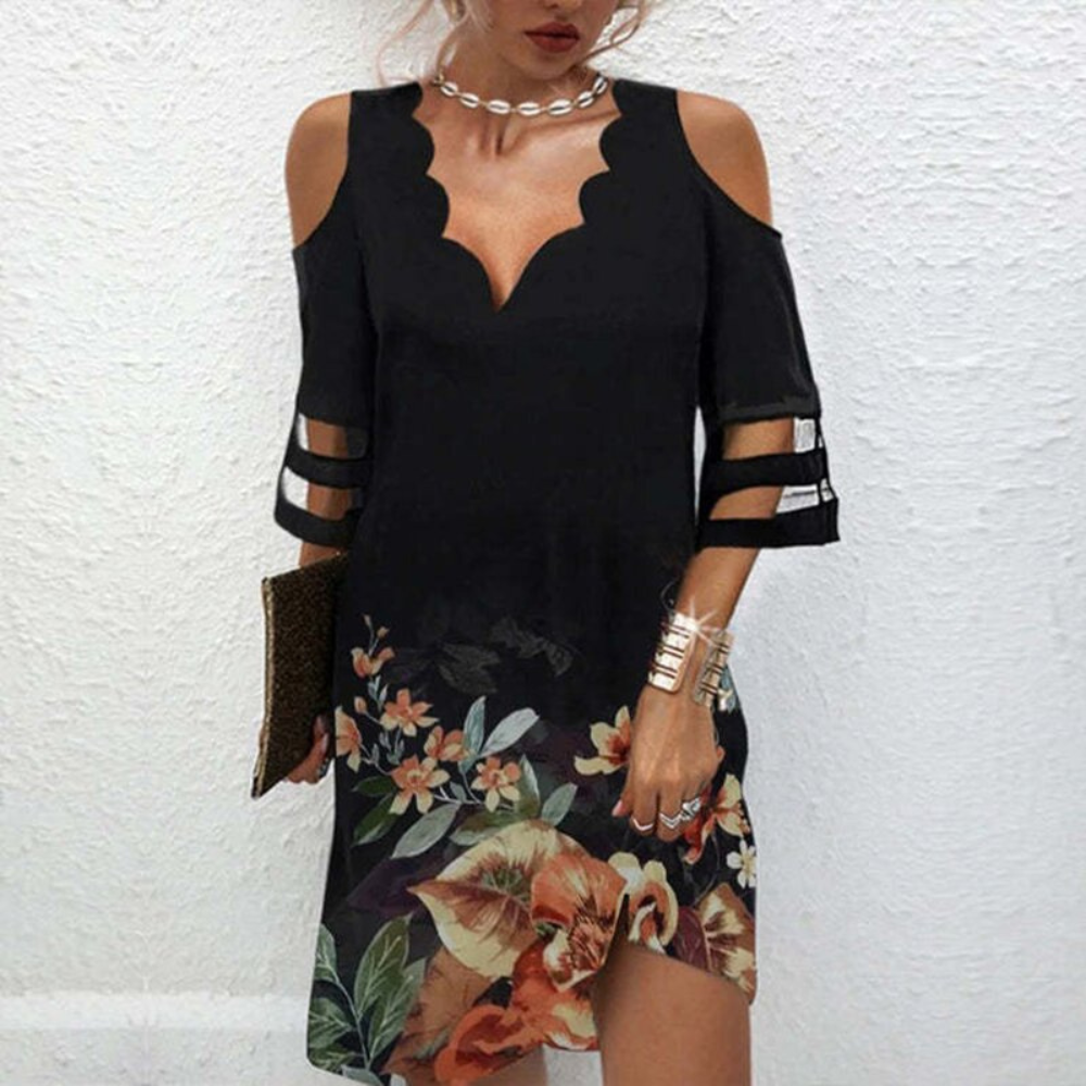Women's Dress - Cold Shoulder - Elbow-Length Sleeves - Leaf Embroidery - Light and Flowing