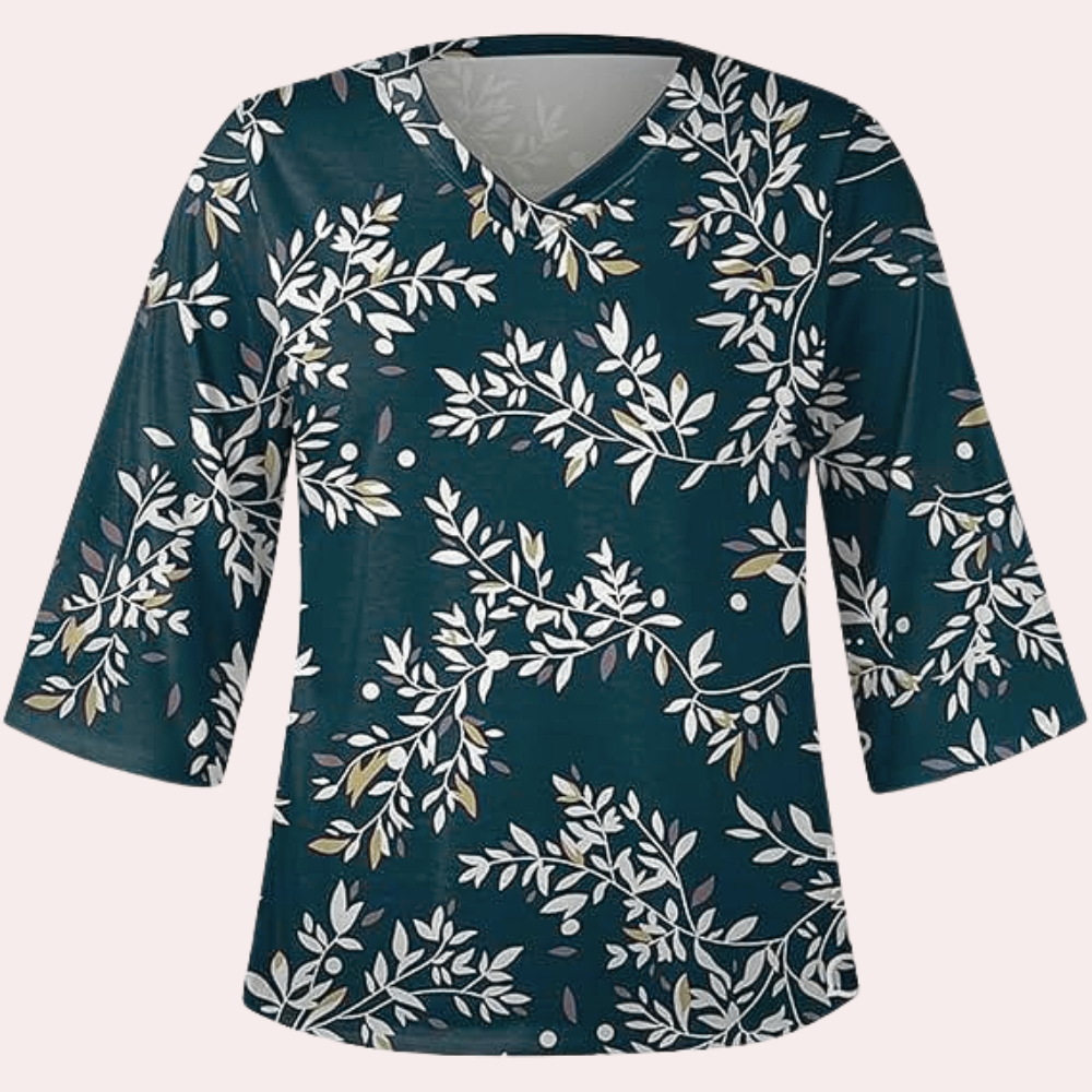 Women's Blouse - V-Neck - Floral Pattern - Relaxed Fit - 3/4 Sleeves