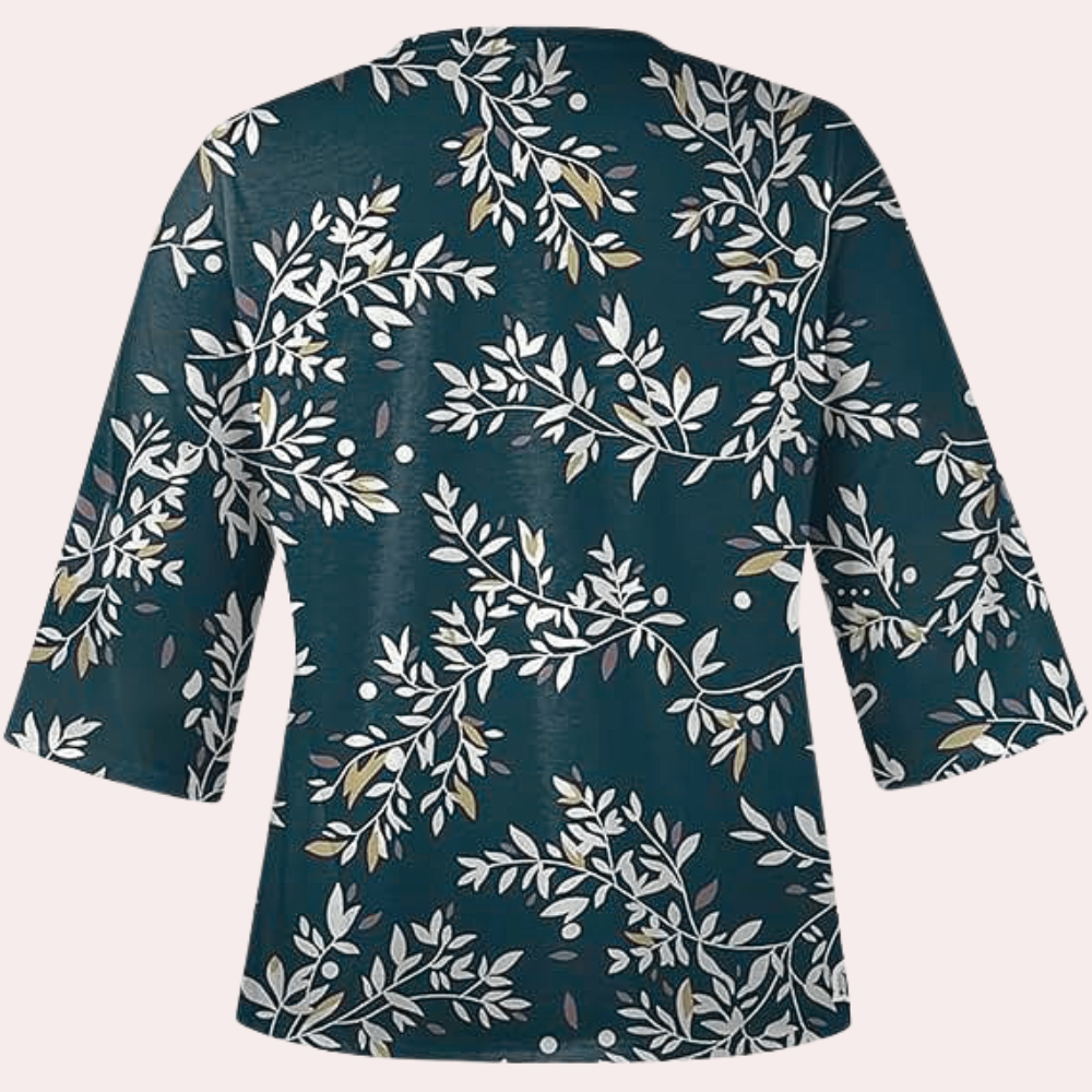 Women's Blouse - V-Neck - Floral Pattern - Relaxed Fit - 3/4 Sleeves