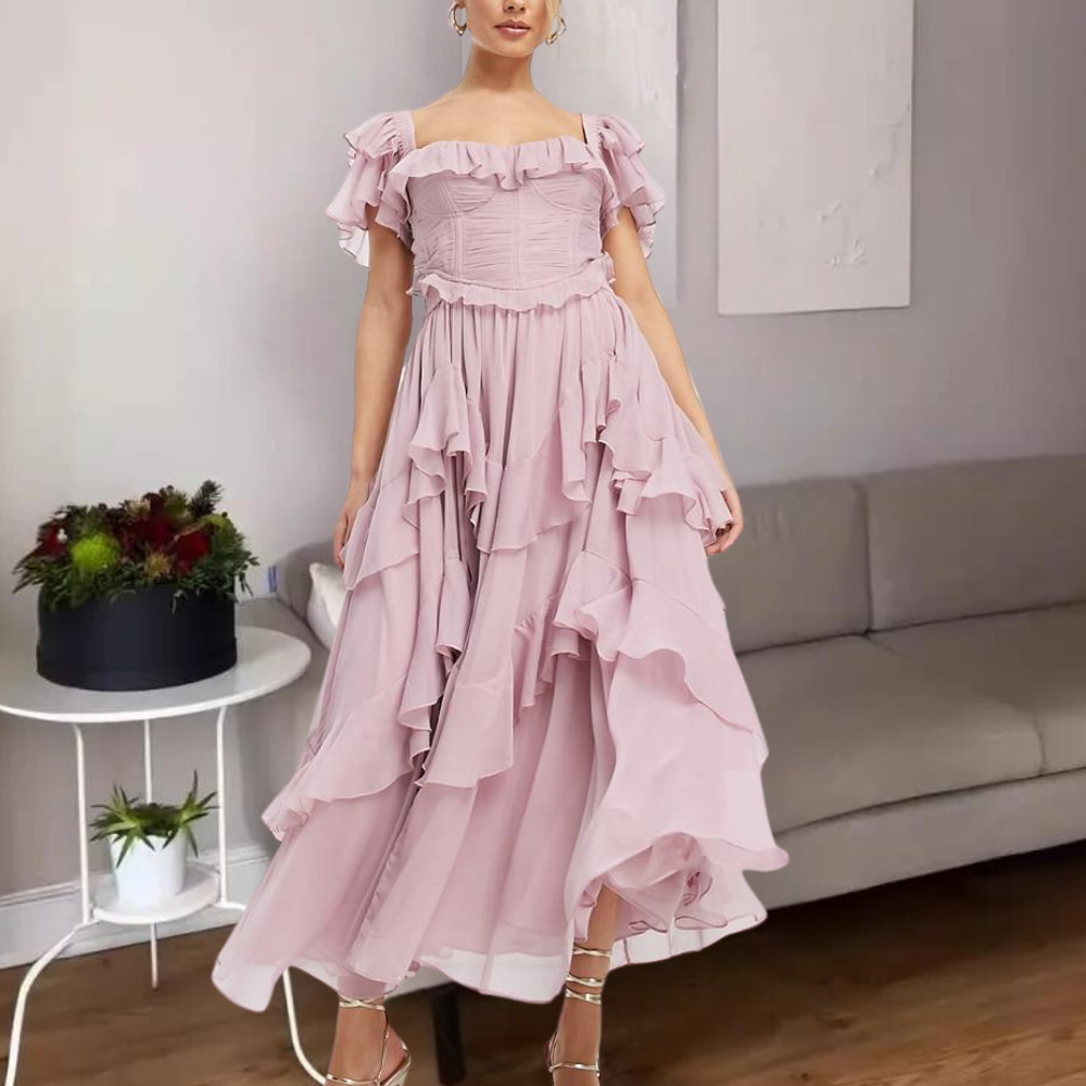 Women's Off-Shoulder Midi Dress - Ruffled Design - Elegant and Lightweight - Party Dress