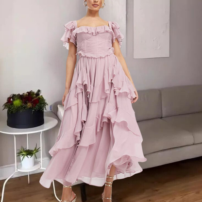 Women's Off-Shoulder Midi Dress - Ruffled Design - Elegant and Lightweight - Party Dress