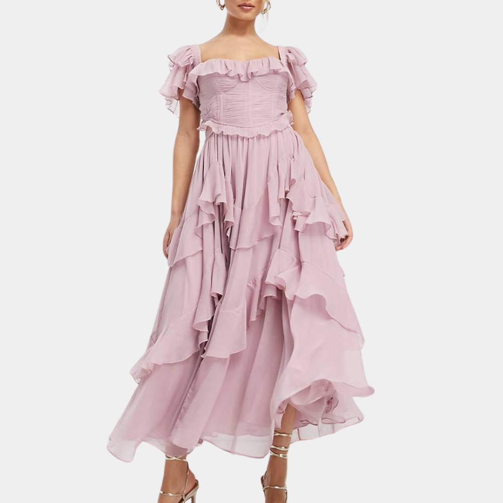Women's Off-Shoulder Midi Dress - Ruffled Design - Elegant and Lightweight - Party Dress