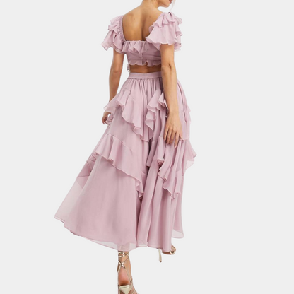 Women's Off-Shoulder Midi Dress - Ruffled Design - Elegant and Lightweight - Party Dress