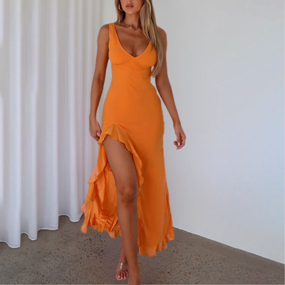Women's Dress - Sleeveless Maxi - Deep V-Neck - High Slit - Elegant and Flattering