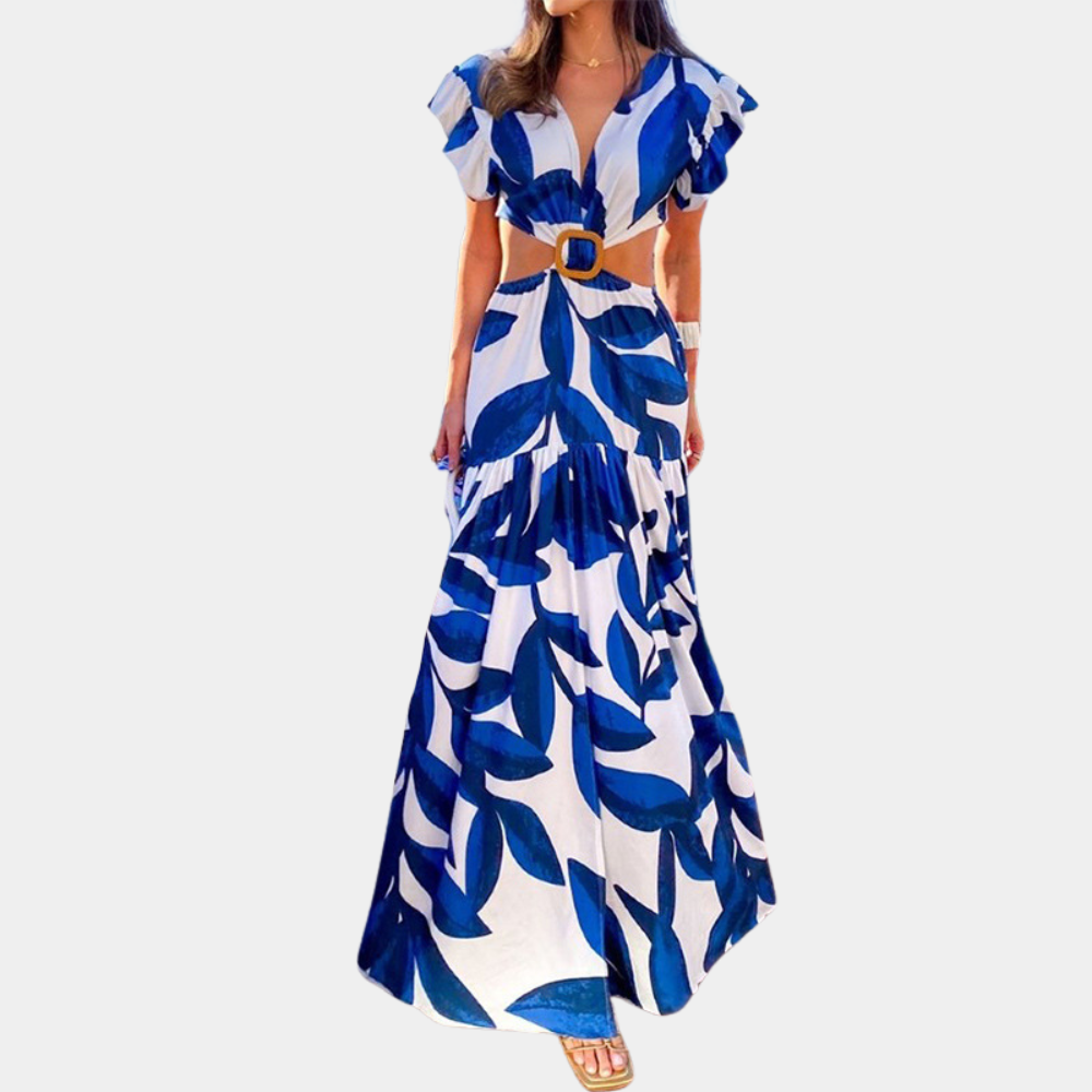 Women's Maxi Dress - V-neck - Cut with Belt - Ruffle Sleeves - Light and Airy