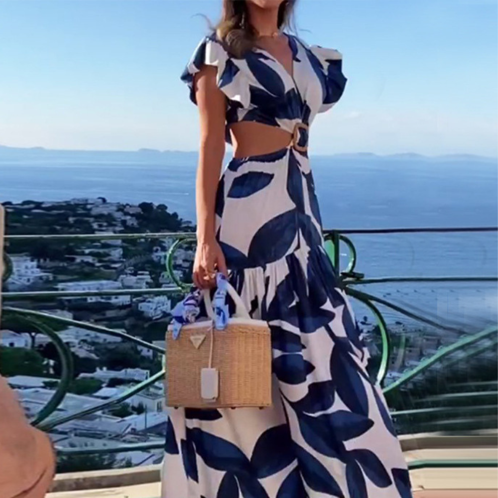 Women's Maxi Dress - V-neck - Cut with Belt - Ruffle Sleeves - Light and Airy