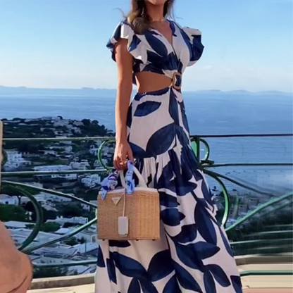Women's Maxi Dress - V-neck - Cut with Belt - Ruffle Sleeves - Light and Airy