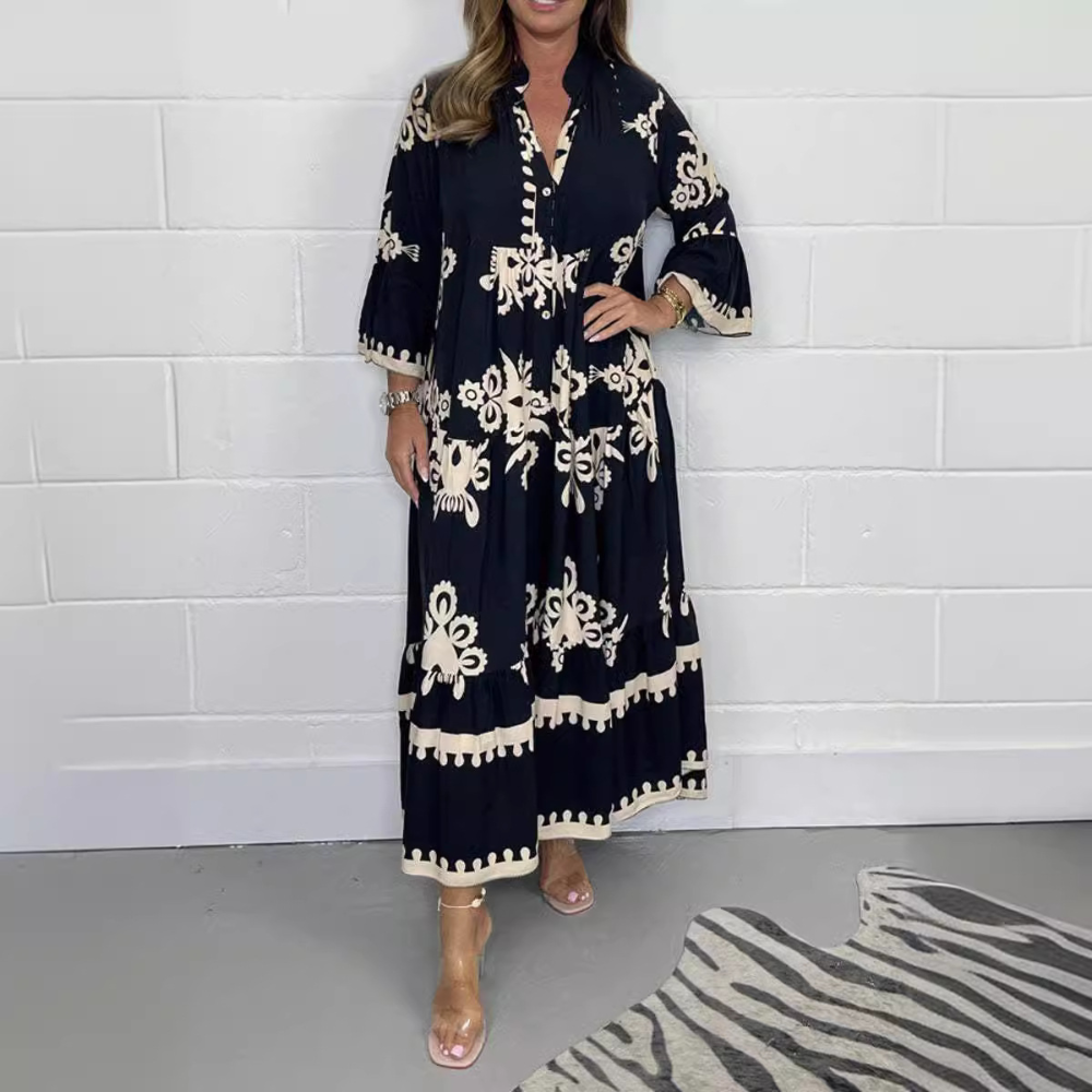 Women's Maxi Dress - Loose Fit - V-Neck with Buttons - Floral Embroidery - Long Sleeves