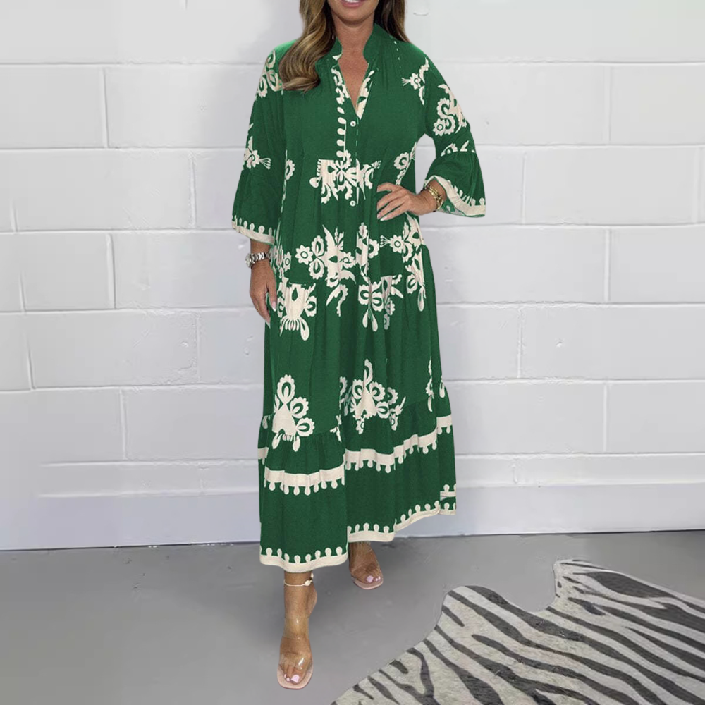 Women's Maxi Dress - Loose Fit - V-Neck with Buttons - Floral Embroidery - Long Sleeves