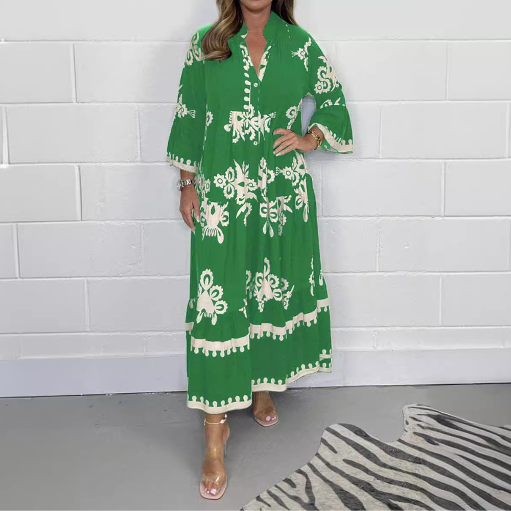 Women's Maxi Dress - Loose Fit - V-Neck with Buttons - Floral Embroidery - Long Sleeves