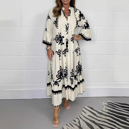 Women's Maxi Dress - Loose Fit - V-Neck with Buttons - Floral Embroidery - Long Sleeves