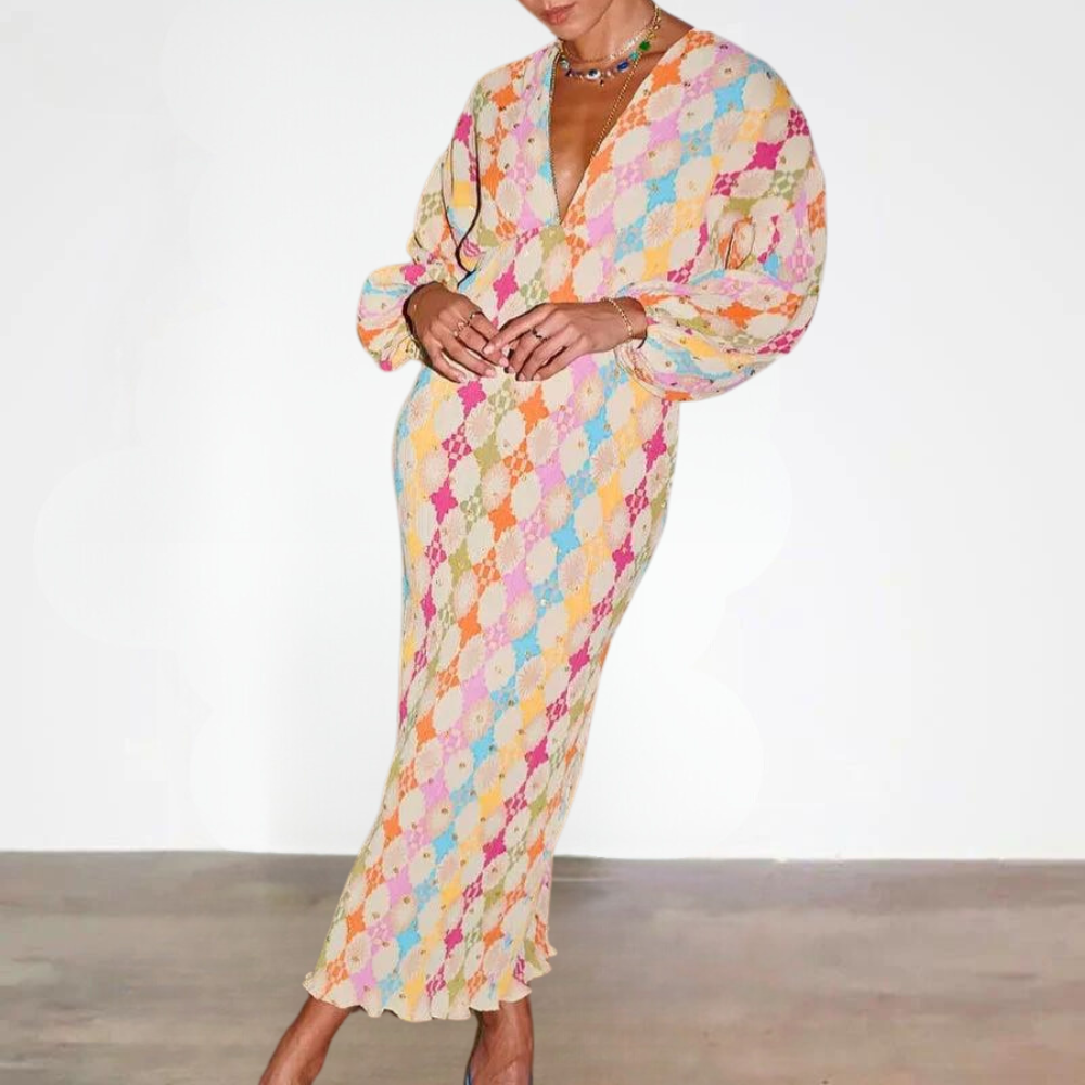 Women's Maxi Dress - Geometric Pattern - V-Neck - Long Puff Sleeves - Bohemian Style