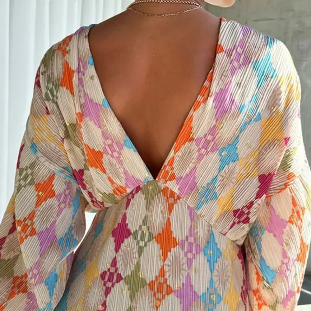 Women's Maxi Dress - Geometric Pattern - V-Neck - Long Puff Sleeves - Bohemian Style