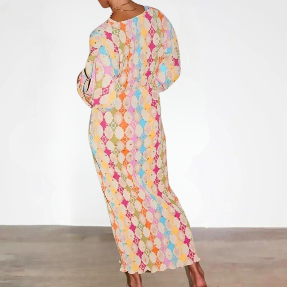 Women's Maxi Dress - Geometric Pattern - V-Neck - Long Puff Sleeves - Bohemian Style